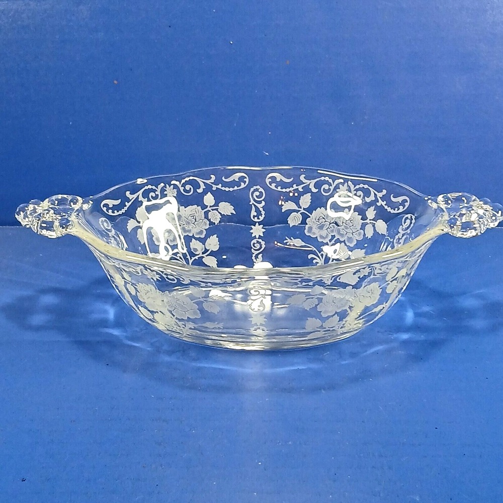 Elegant Glass Serving Bowl Etched Roses Tab Handles Oval